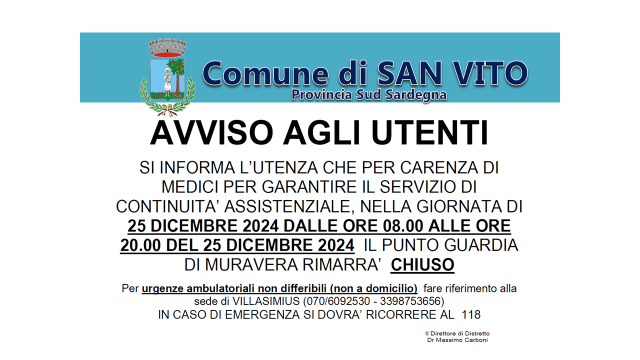 Avviso di chiusura Guardia Medica di Muravera il giorno 25/12/2024